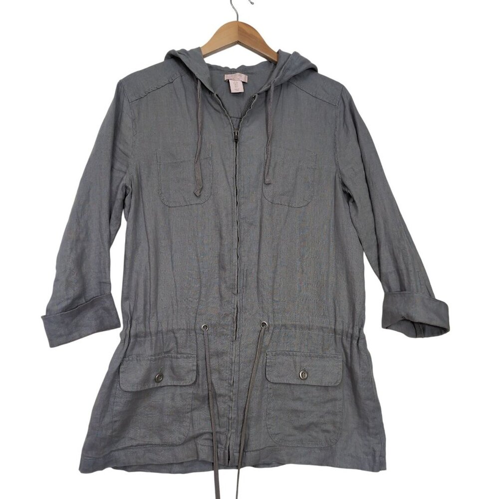 St Tropez Linen Jacket Womens S Gray Lightweight Zip Front Beachy Coastal Casual